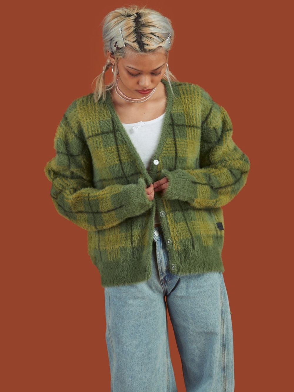 UNIF Green Plaid Fuzzy Cardigan Sweater Size S